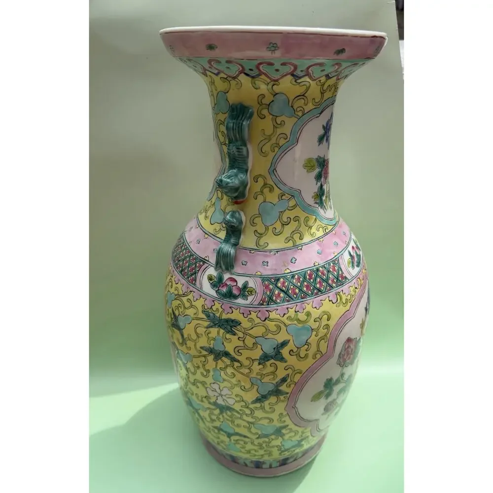Antique Chinese Famille Rose Vase, 19th C. Large Yellow Porcelain Vase 17.5”